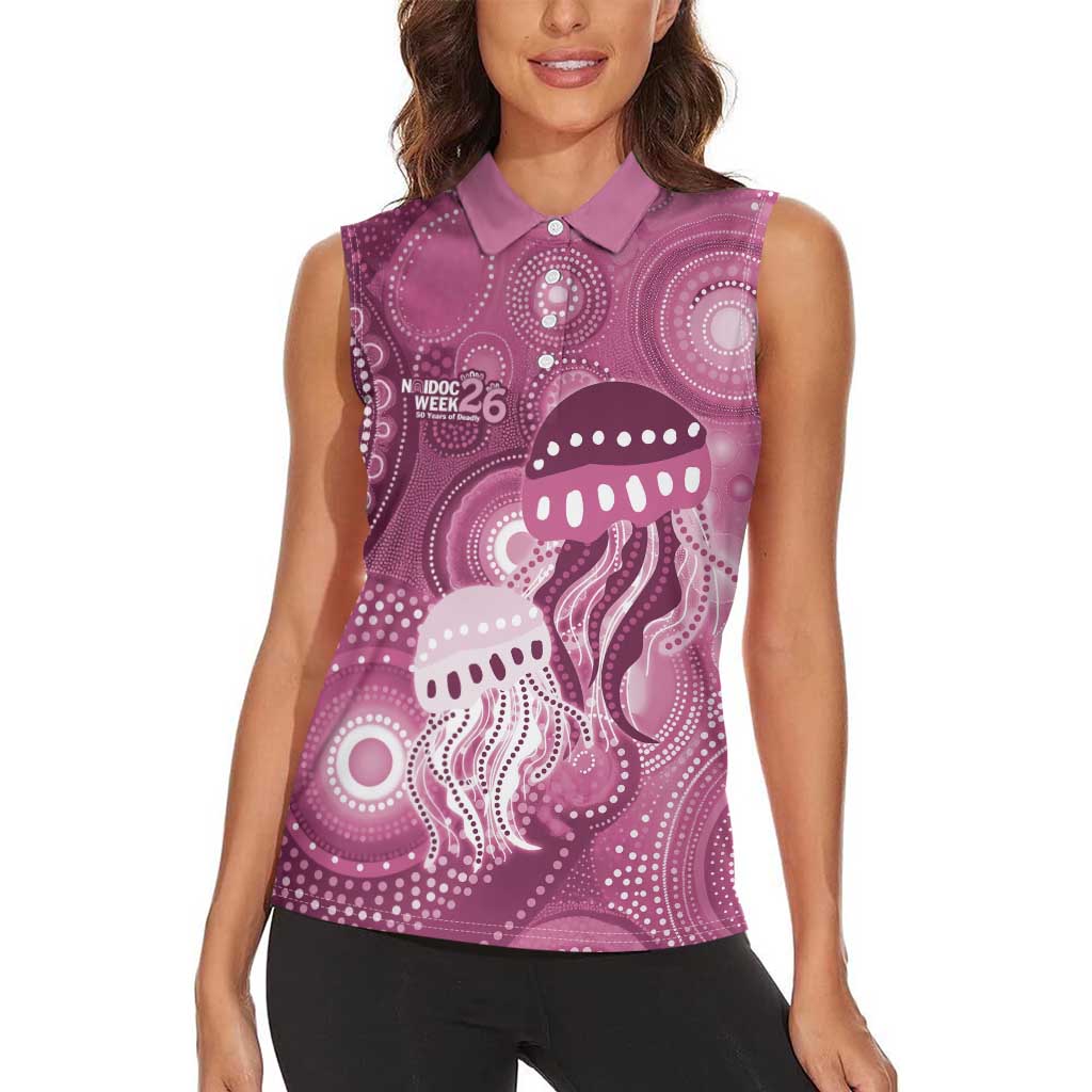 NAIDOC Deadly 50 Years Women Sleeveless Polo Shirt Jellyfish Aboriginal Culture Inspired Pink