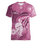 NAIDOC Deadly 50 Years Women V-Neck T-Shirt Jellyfish Aboriginal Culture Inspired Pink