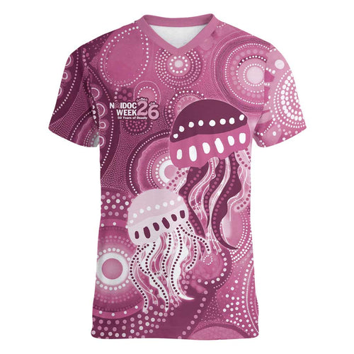 NAIDOC Deadly 50 Years Women V-Neck T-Shirt Jellyfish Aboriginal Culture Inspired Pink