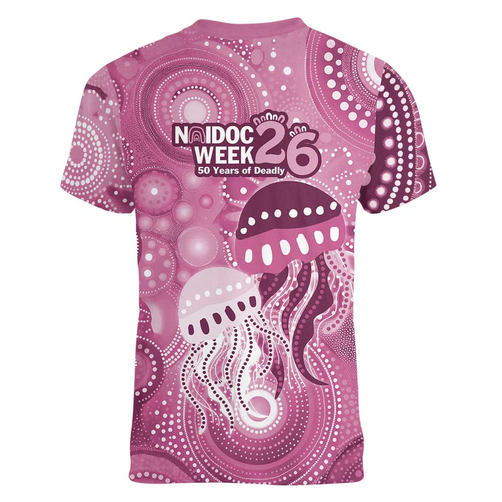 NAIDOC Deadly 50 Years Women V-Neck T-Shirt Jellyfish Aboriginal Culture Inspired Pink