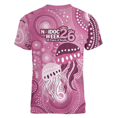 NAIDOC Deadly 50 Years Women V-Neck T-Shirt Jellyfish Aboriginal Culture Inspired Pink