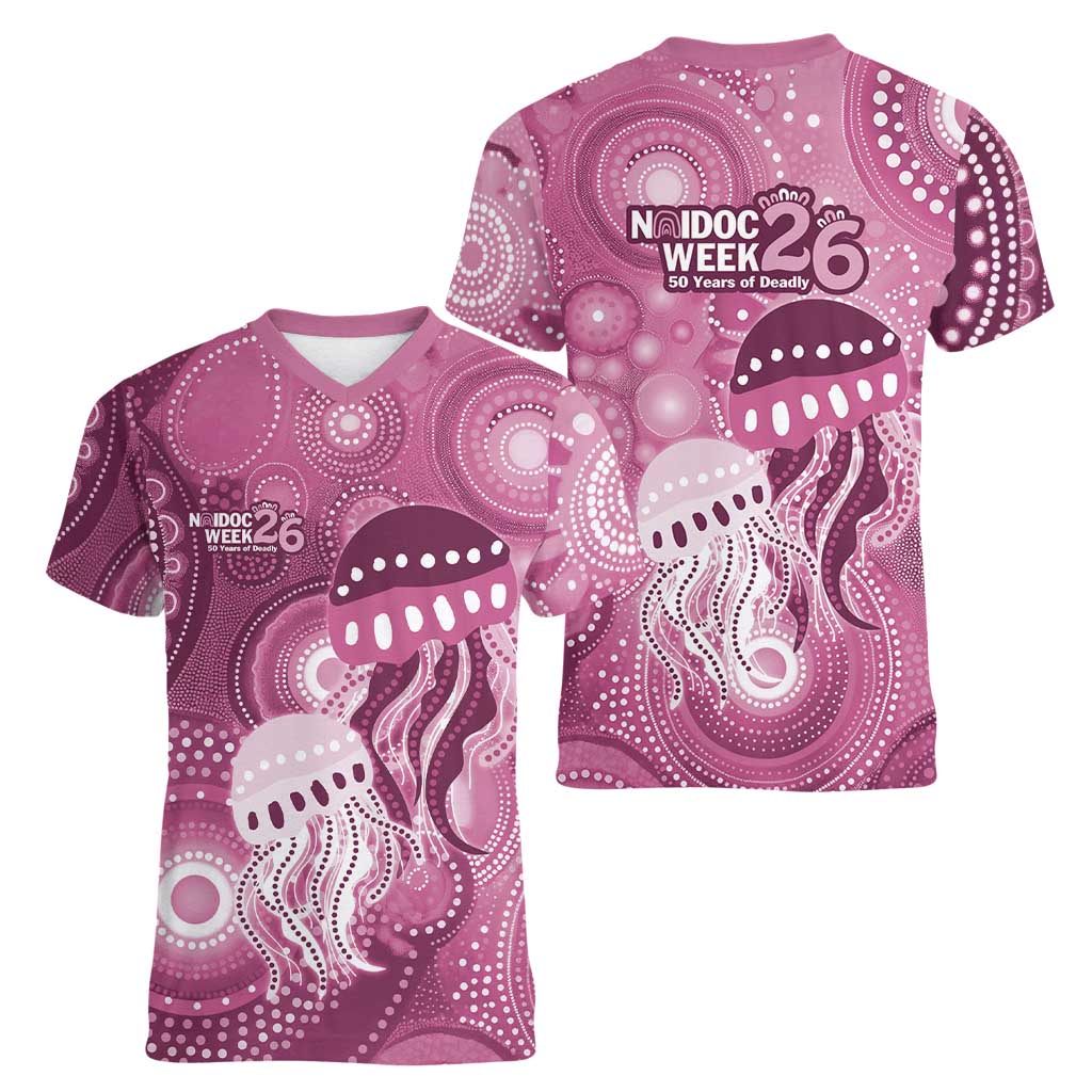 NAIDOC Deadly 50 Years Women V-Neck T-Shirt Jellyfish Aboriginal Culture Inspired Pink