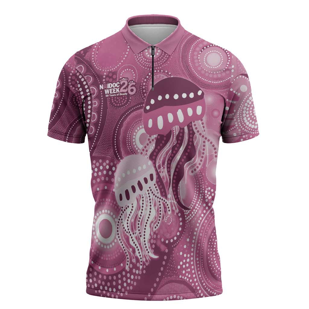 NAIDOC Deadly 50 Years Zipper Polo Shirt Jellyfish Aboriginal Culture Inspired Pink