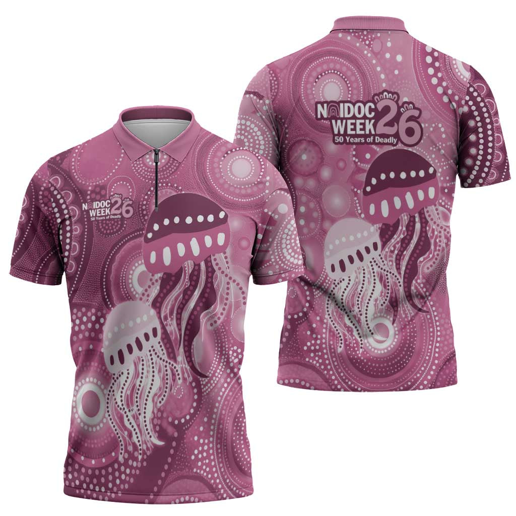 NAIDOC Deadly 50 Years Zipper Polo Shirt Jellyfish Aboriginal Culture Inspired Pink