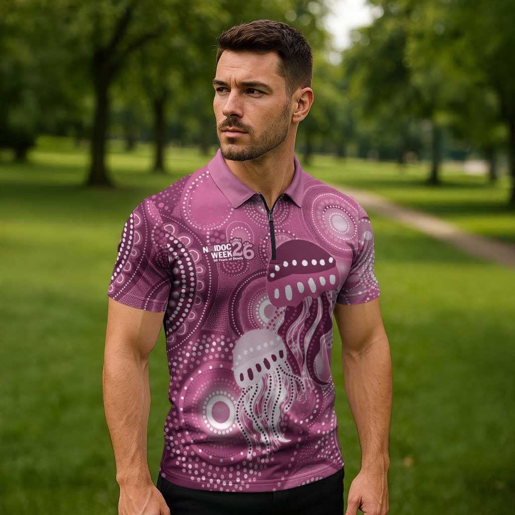 NAIDOC Deadly 50 Years Zipper Polo Shirt Jellyfish Aboriginal Culture Inspired Pink