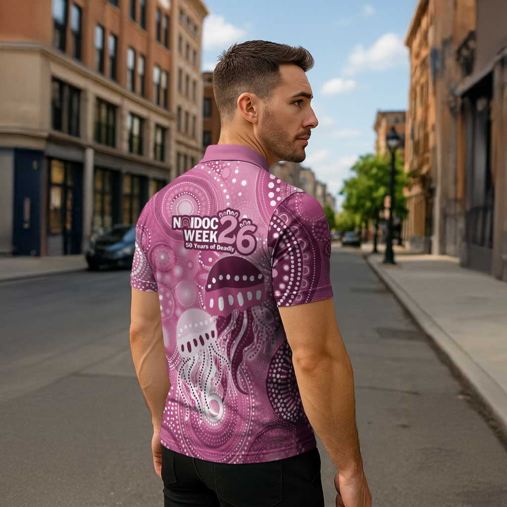 NAIDOC Deadly 50 Years Zipper Polo Shirt Jellyfish Aboriginal Culture Inspired Pink