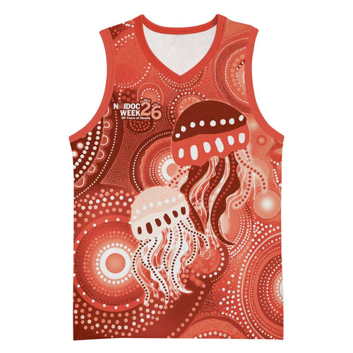 NAIDOC Deadly 50 Years Basketball Jersey Jellyfish Aboriginal Culture Inspired Red