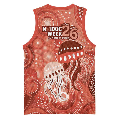NAIDOC Deadly 50 Years Basketball Jersey Jellyfish Aboriginal Culture Inspired Red