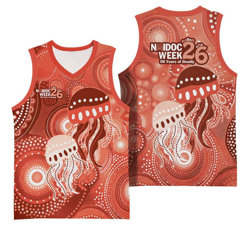 NAIDOC Deadly 50 Years Basketball Jersey Jellyfish Aboriginal Culture Inspired Red