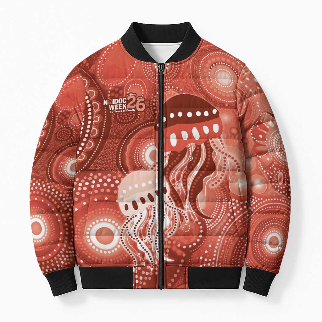 NAIDOC Deadly 50 Years Bomber Puffer Jacket Jellyfish Aboriginal Culture Inspired Red