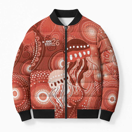 NAIDOC Deadly 50 Years Bomber Puffer Jacket Jellyfish Aboriginal Culture Inspired Red
