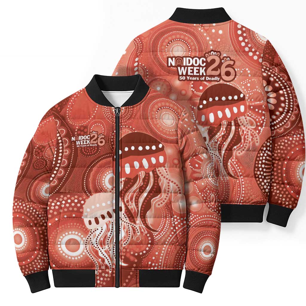 NAIDOC Deadly 50 Years Bomber Puffer Jacket Jellyfish Aboriginal Culture Inspired Red