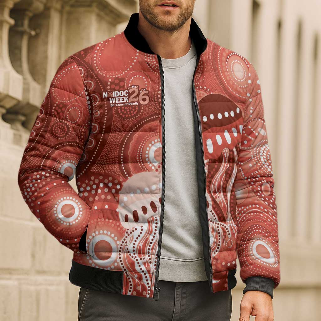 NAIDOC Deadly 50 Years Bomber Puffer Jacket Jellyfish Aboriginal Culture Inspired Red