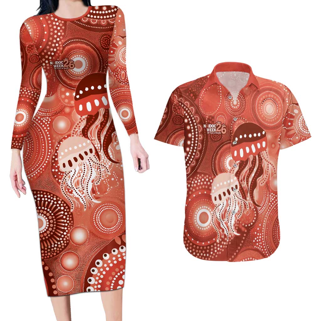 NAIDOC Deadly 50 Years Couples Matching Long Sleeve Bodycon Dress and Hawaiian Shirt Jellyfish Aboriginal Culture Inspired Red