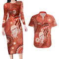 NAIDOC Deadly 50 Years Couples Matching Long Sleeve Bodycon Dress and Hawaiian Shirt Jellyfish Aboriginal Culture Inspired Red