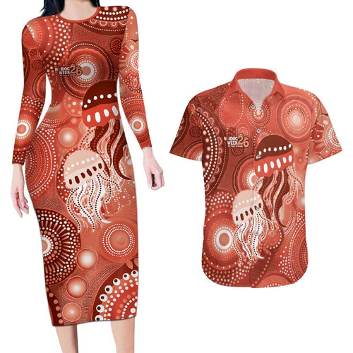 NAIDOC Deadly 50 Years Couples Matching Long Sleeve Bodycon Dress and Hawaiian Shirt Jellyfish Aboriginal Culture Inspired Red