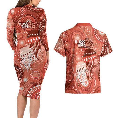 NAIDOC Deadly 50 Years Couples Matching Long Sleeve Bodycon Dress and Hawaiian Shirt Jellyfish Aboriginal Culture Inspired Red