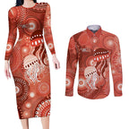 NAIDOC Deadly 50 Years Couples Matching Long Sleeve Bodycon Dress and Long Sleeve Button Shirt Jellyfish Aboriginal Culture Inspired Red