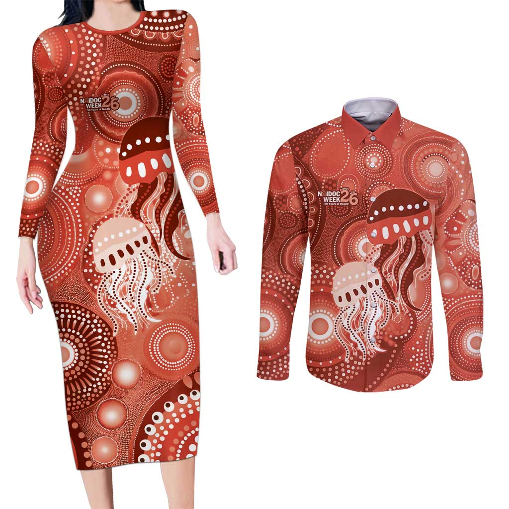 NAIDOC Deadly 50 Years Couples Matching Long Sleeve Bodycon Dress and Long Sleeve Button Shirt Jellyfish Aboriginal Culture Inspired Red