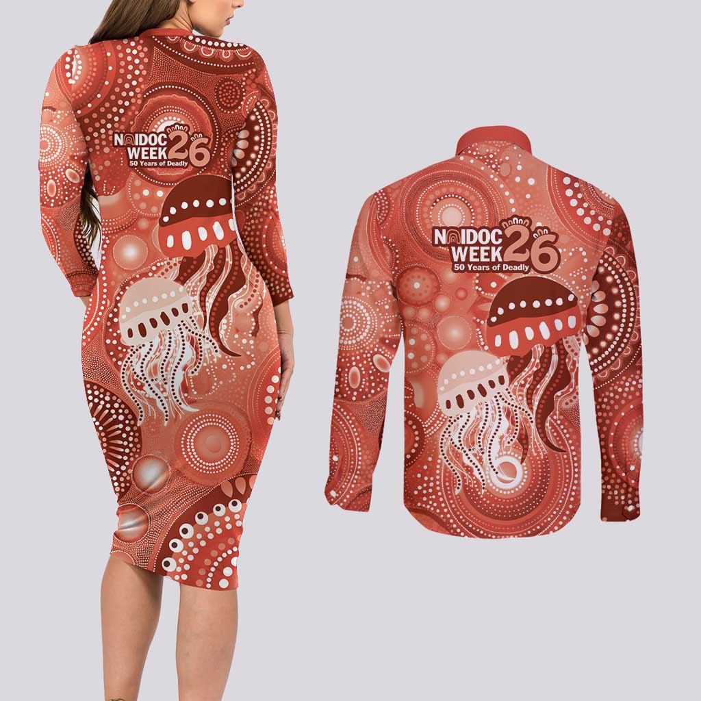 NAIDOC Deadly 50 Years Couples Matching Long Sleeve Bodycon Dress and Long Sleeve Button Shirt Jellyfish Aboriginal Culture Inspired Red