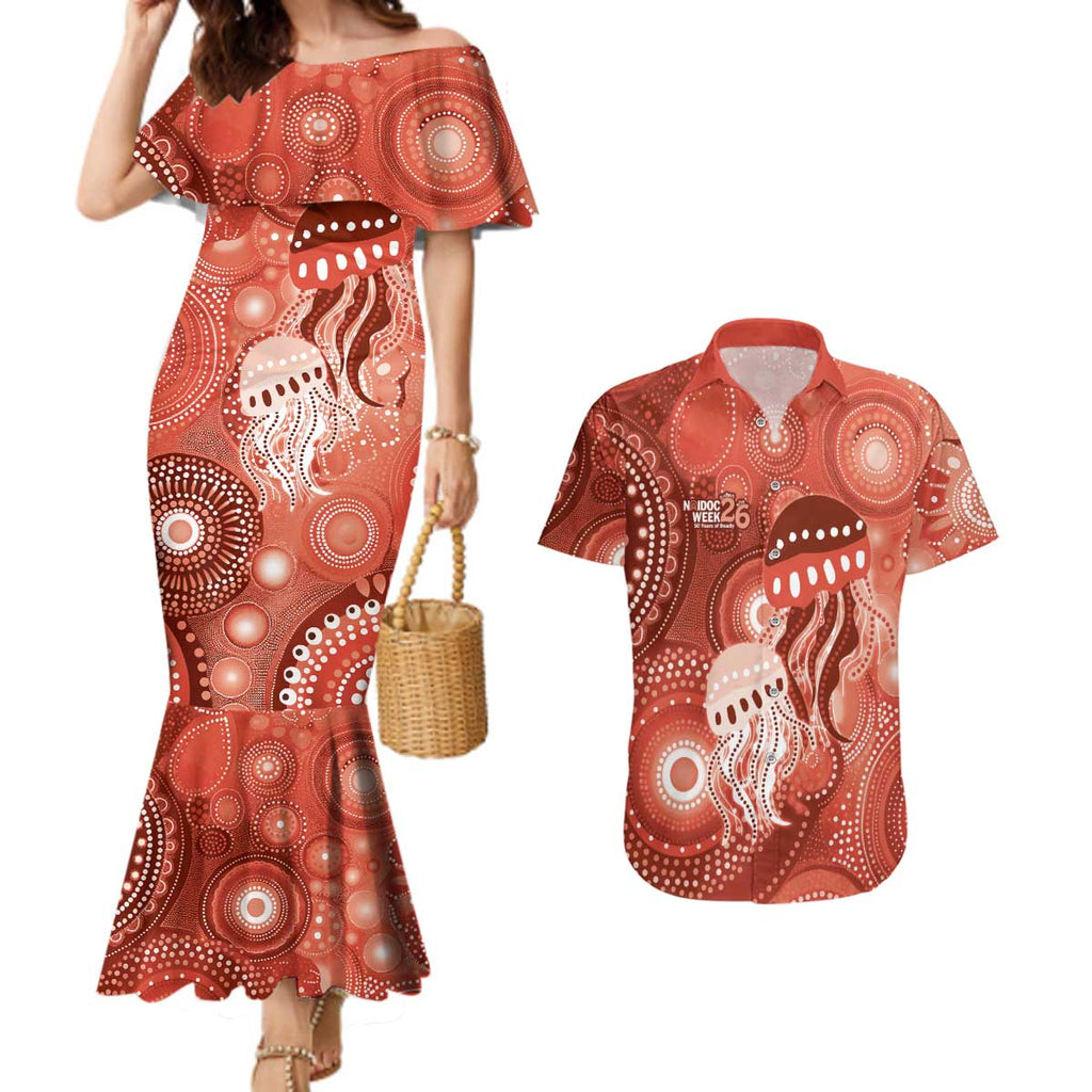 NAIDOC Deadly 50 Years Couples Matching Mermaid Dress and Hawaiian Shirt Jellyfish Aboriginal Culture Inspired Red