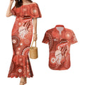 NAIDOC Deadly 50 Years Couples Matching Mermaid Dress and Hawaiian Shirt Jellyfish Aboriginal Culture Inspired Red
