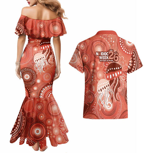 NAIDOC Deadly 50 Years Couples Matching Mermaid Dress and Hawaiian Shirt Jellyfish Aboriginal Culture Inspired Red
