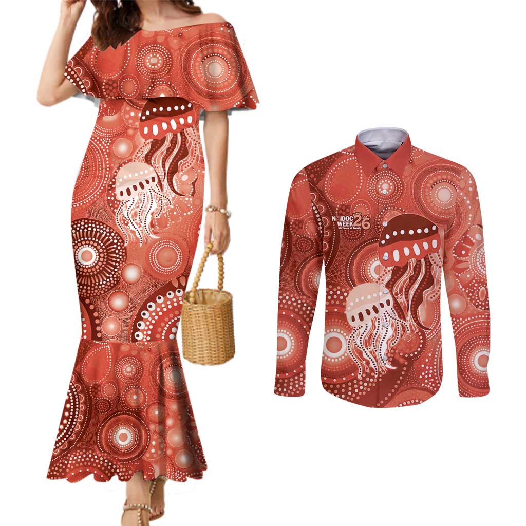 NAIDOC Deadly 50 Years Couples Matching Mermaid Dress and Long Sleeve Button Shirt Jellyfish Aboriginal Culture Inspired Red