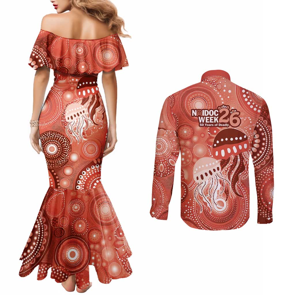 NAIDOC Deadly 50 Years Couples Matching Mermaid Dress and Long Sleeve Button Shirt Jellyfish Aboriginal Culture Inspired Red