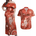 NAIDOC Deadly 50 Years Couples Matching Off Shoulder Maxi Dress and Hawaiian Shirt Jellyfish Aboriginal Culture Inspired Red