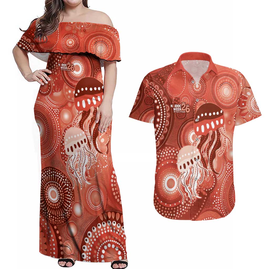 NAIDOC Deadly 50 Years Couples Matching Off Shoulder Maxi Dress and Hawaiian Shirt Jellyfish Aboriginal Culture Inspired Red