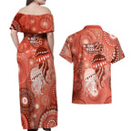 NAIDOC Deadly 50 Years Couples Matching Off Shoulder Maxi Dress and Hawaiian Shirt Jellyfish Aboriginal Culture Inspired Red