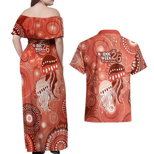 NAIDOC Deadly 50 Years Couples Matching Off Shoulder Maxi Dress and Hawaiian Shirt Jellyfish Aboriginal Culture Inspired Red