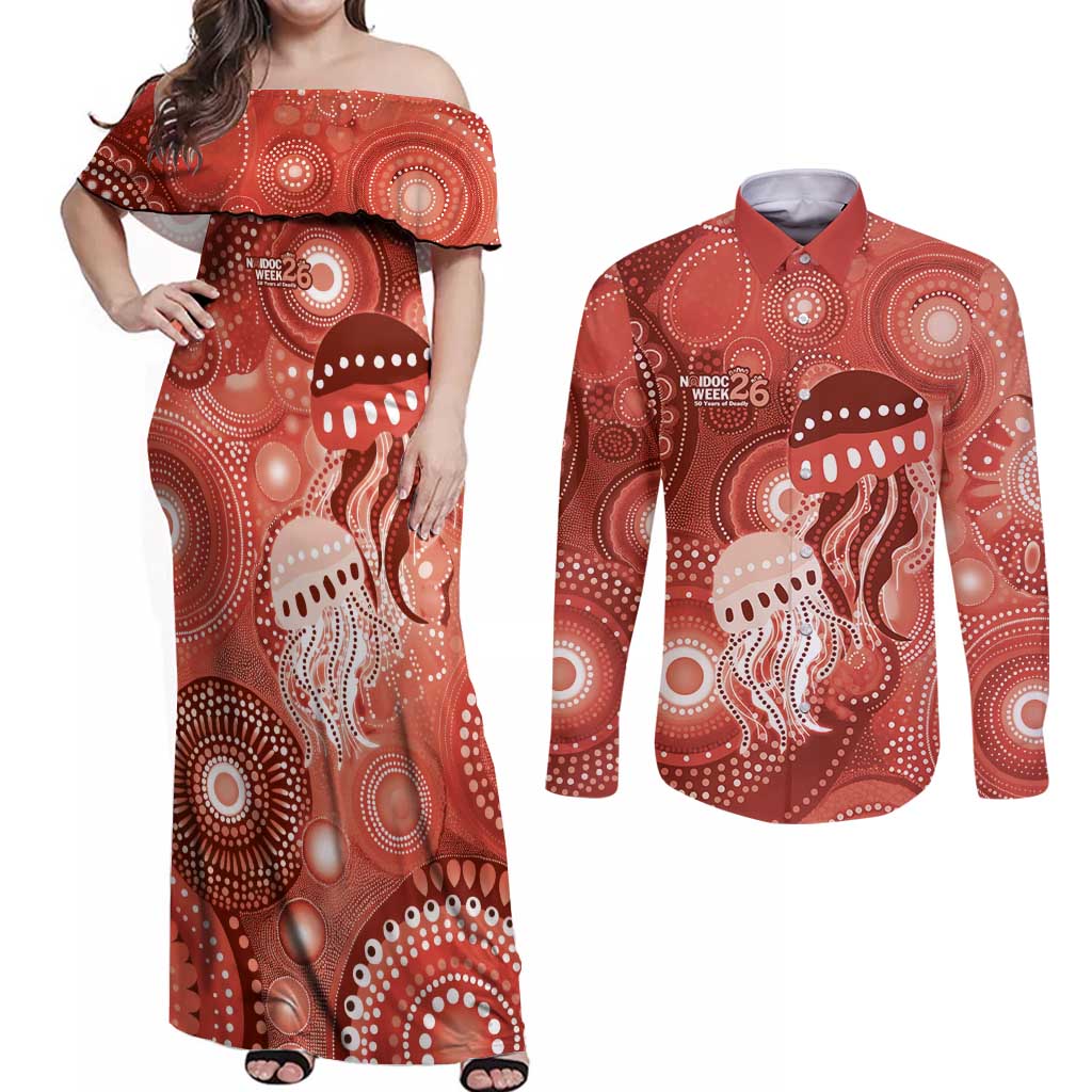 NAIDOC Deadly 50 Years Couples Matching Off Shoulder Maxi Dress and Long Sleeve Button Shirt Jellyfish Aboriginal Culture Inspired Red