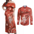 NAIDOC Deadly 50 Years Couples Matching Off Shoulder Maxi Dress and Long Sleeve Button Shirt Jellyfish Aboriginal Culture Inspired Red