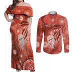 NAIDOC Deadly 50 Years Couples Matching Off Shoulder Maxi Dress and Long Sleeve Button Shirt Jellyfish Aboriginal Culture Inspired Red