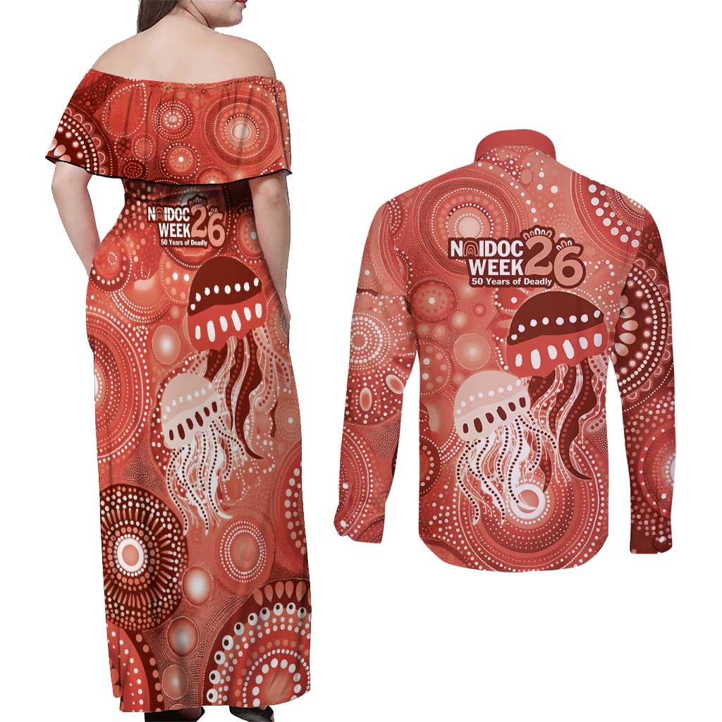 NAIDOC Deadly 50 Years Couples Matching Off Shoulder Maxi Dress and Long Sleeve Button Shirt Jellyfish Aboriginal Culture Inspired Red