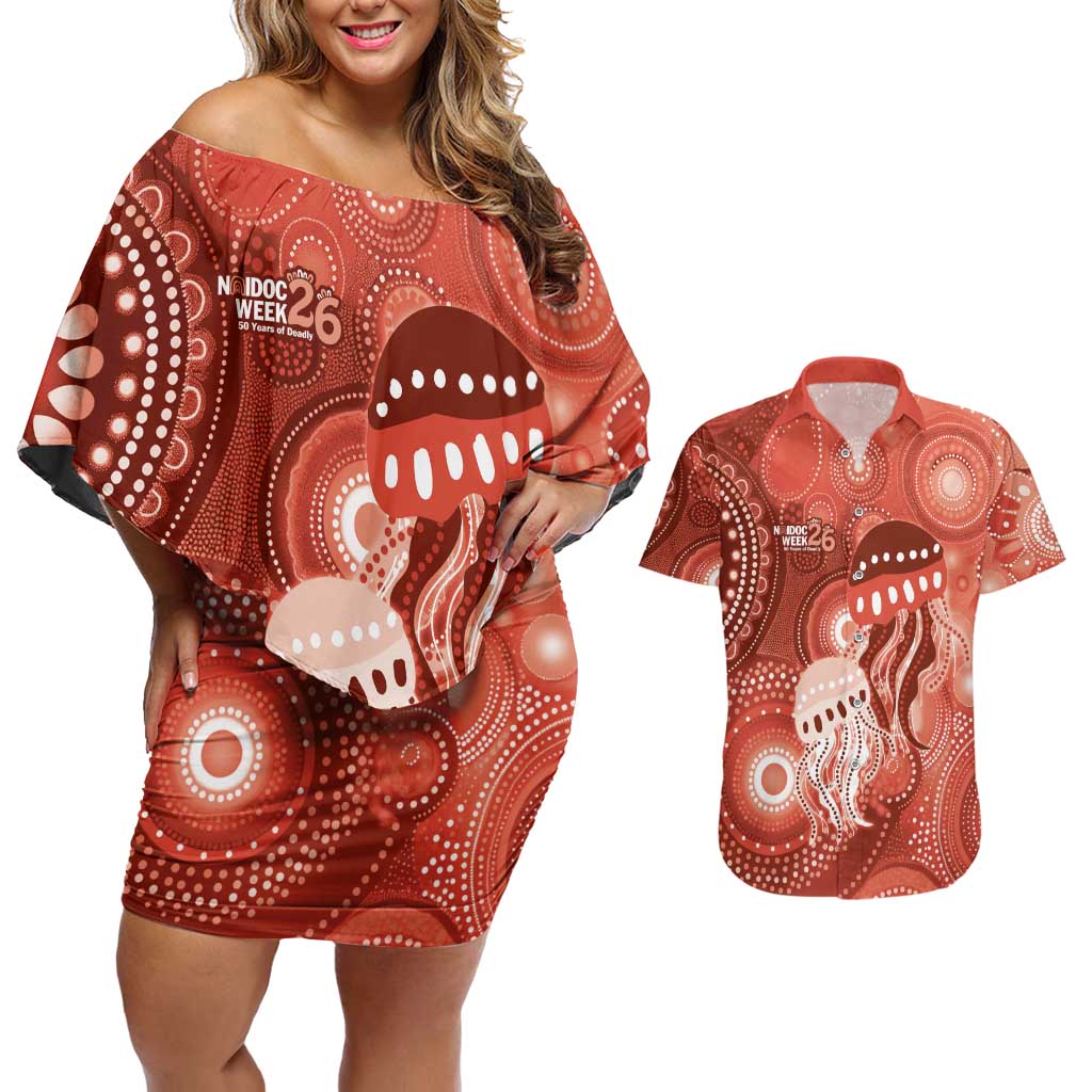 NAIDOC Deadly 50 Years Couples Matching Off Shoulder Short Dress and Hawaiian Shirt Jellyfish Aboriginal Culture Inspired Red