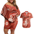 NAIDOC Deadly 50 Years Couples Matching Off Shoulder Short Dress and Hawaiian Shirt Jellyfish Aboriginal Culture Inspired Red