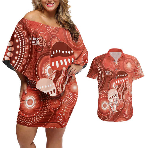 NAIDOC Deadly 50 Years Couples Matching Off Shoulder Short Dress and Hawaiian Shirt Jellyfish Aboriginal Culture Inspired Red