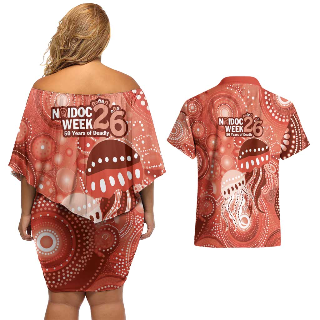 NAIDOC Deadly 50 Years Couples Matching Off Shoulder Short Dress and Hawaiian Shirt Jellyfish Aboriginal Culture Inspired Red
