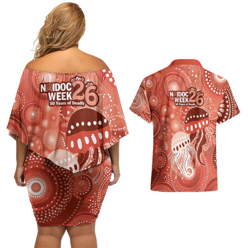 NAIDOC Deadly 50 Years Couples Matching Off Shoulder Short Dress and Hawaiian Shirt Jellyfish Aboriginal Culture Inspired Red