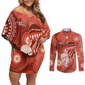 NAIDOC Deadly 50 Years Couples Matching Off Shoulder Short Dress and Long Sleeve Button Shirt Jellyfish Aboriginal Culture Inspired Red