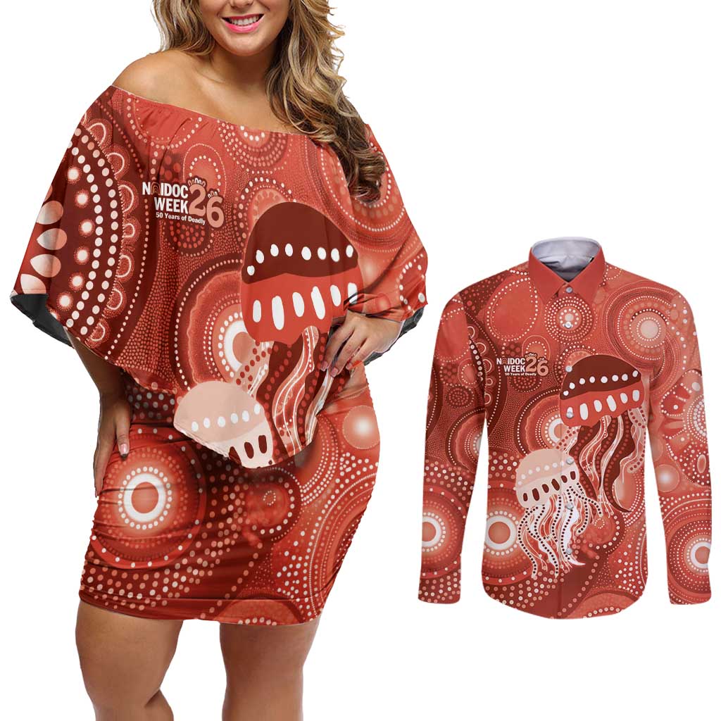 NAIDOC Deadly 50 Years Couples Matching Off Shoulder Short Dress and Long Sleeve Button Shirt Jellyfish Aboriginal Culture Inspired Red