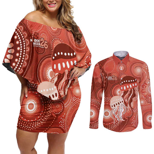 NAIDOC Deadly 50 Years Couples Matching Off Shoulder Short Dress and Long Sleeve Button Shirt Jellyfish Aboriginal Culture Inspired Red