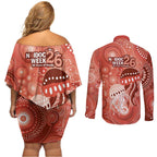 NAIDOC Deadly 50 Years Couples Matching Off Shoulder Short Dress and Long Sleeve Button Shirt Jellyfish Aboriginal Culture Inspired Red