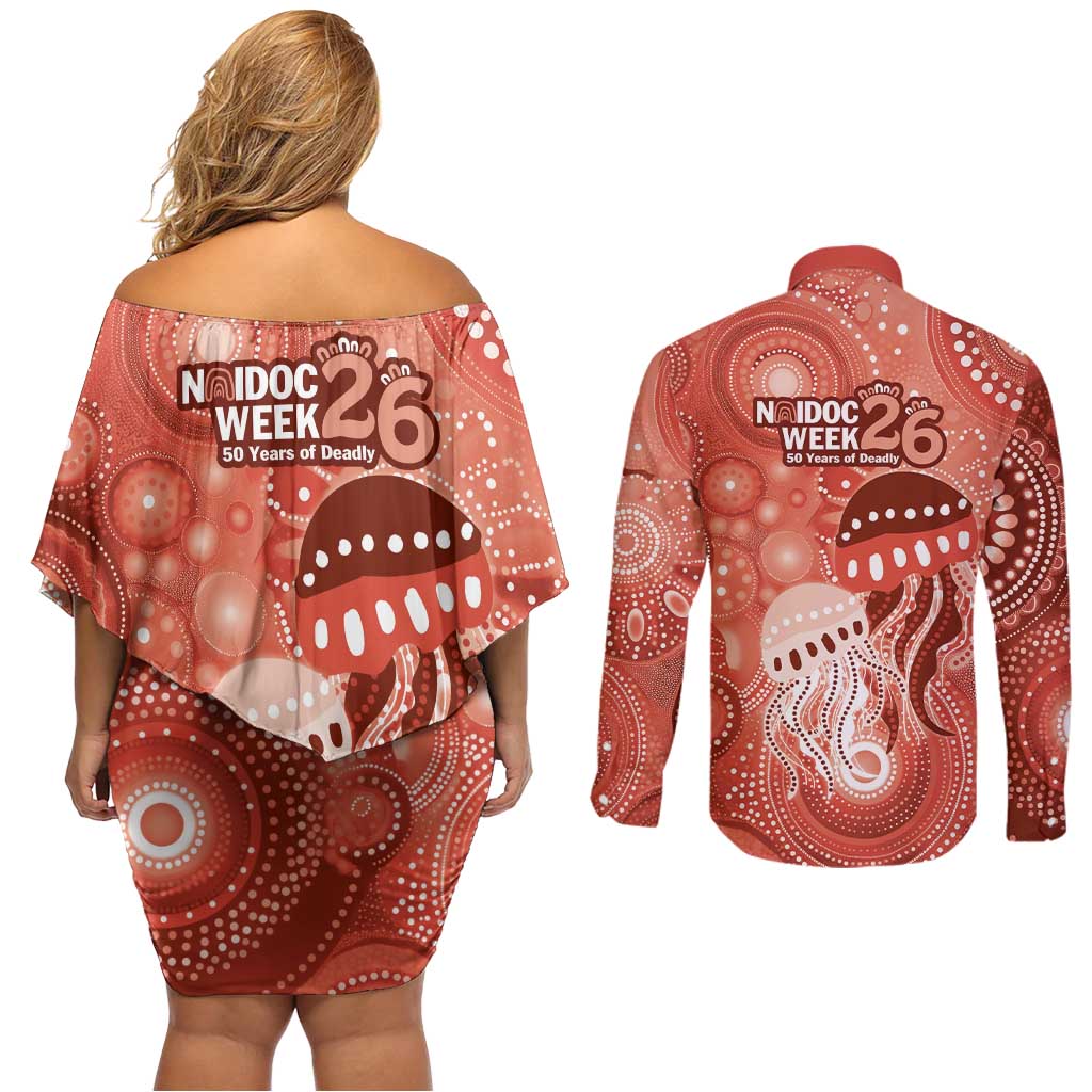 NAIDOC Deadly 50 Years Couples Matching Off Shoulder Short Dress and Long Sleeve Button Shirt Jellyfish Aboriginal Culture Inspired Red
