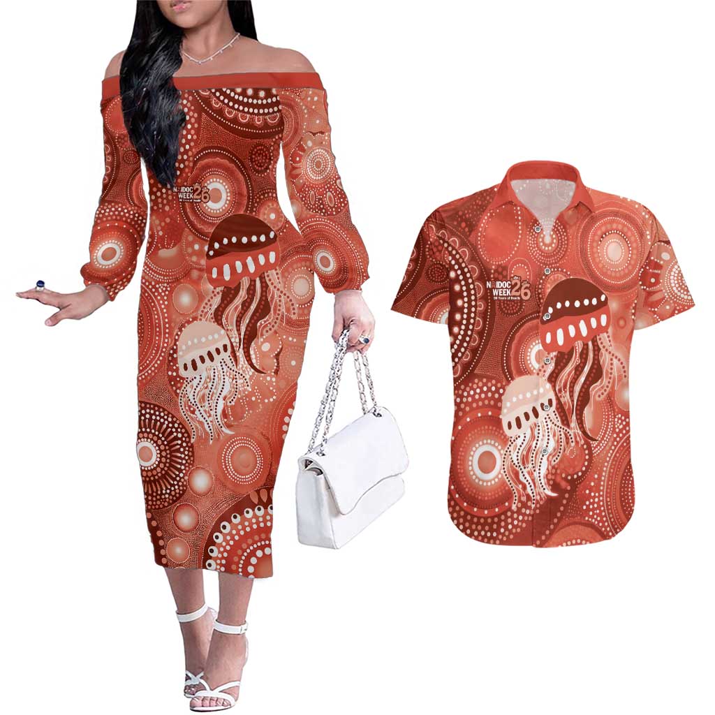 NAIDOC Deadly 50 Years Couples Matching Off The Shoulder Long Sleeve Dress and Hawaiian Shirt Jellyfish Aboriginal Culture Inspired Red