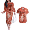 NAIDOC Deadly 50 Years Couples Matching Off The Shoulder Long Sleeve Dress and Hawaiian Shirt Jellyfish Aboriginal Culture Inspired Red