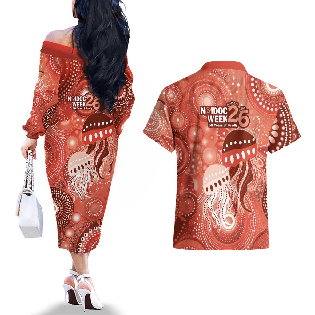 NAIDOC Deadly 50 Years Couples Matching Off The Shoulder Long Sleeve Dress and Hawaiian Shirt Jellyfish Aboriginal Culture Inspired Red